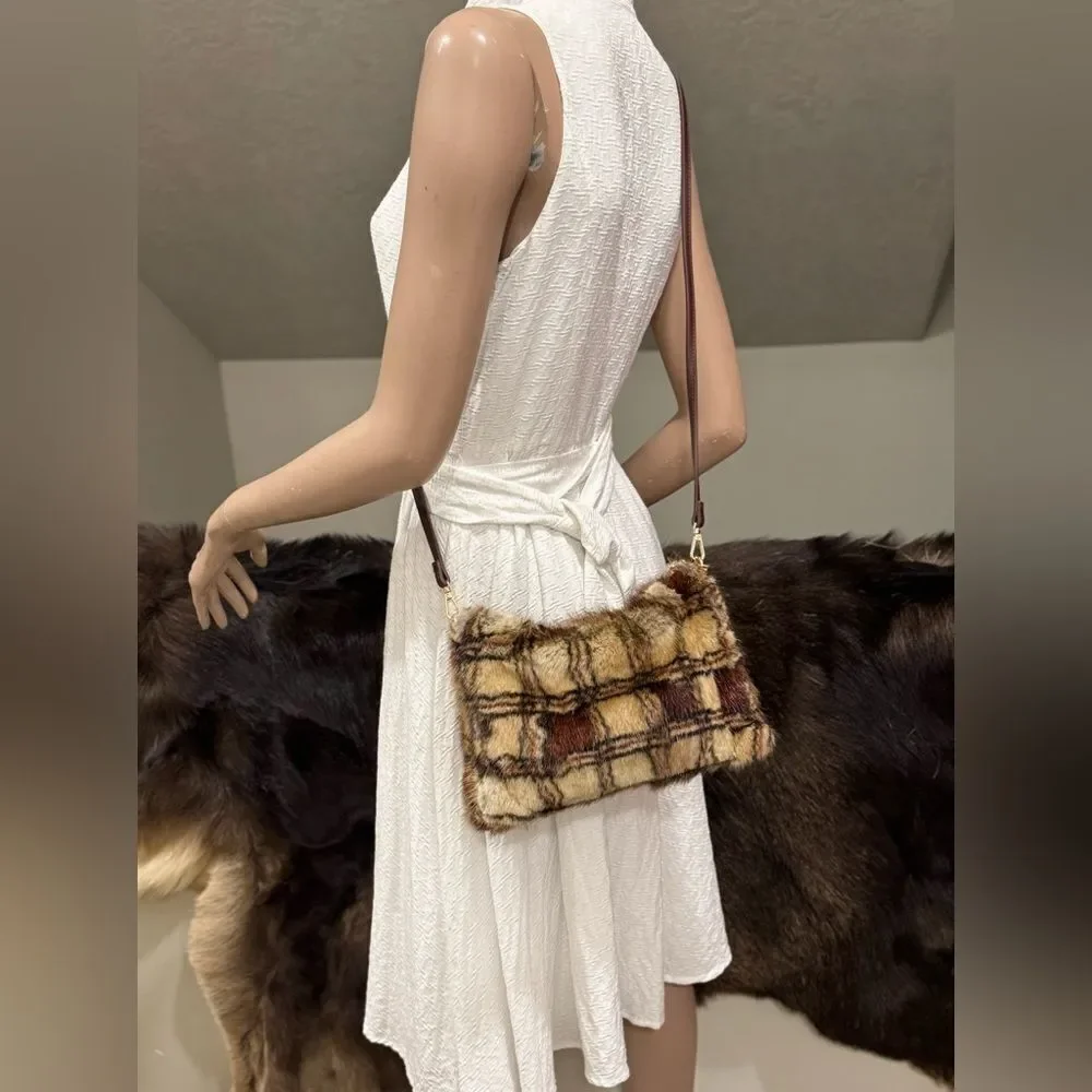 Plaid Print Real Muskrat Fur Handmade Slouchy Bag/Shoulder Bag/Crossbody